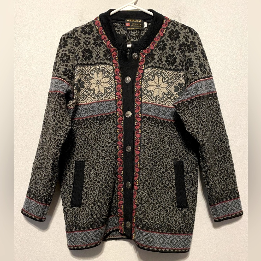 Vintage Norskwear Button UpCardigan Sweater Womens XS Fair Isle 100% Wool Norway